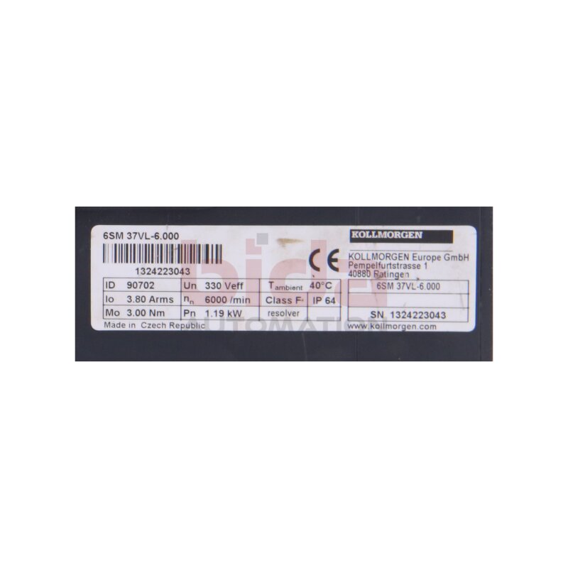 Kollmorgen 6SM37VL-6,000 (90702) Servo Motor