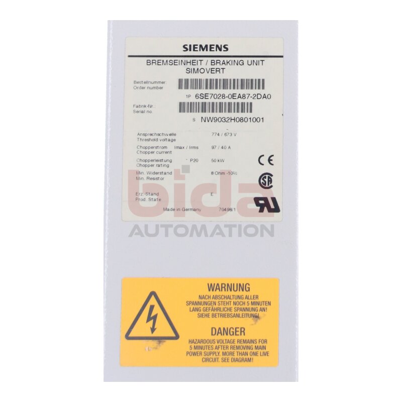 Siemens 6SE7028-0EA87-2DA0 Bremseinheit Brake unit 50kW