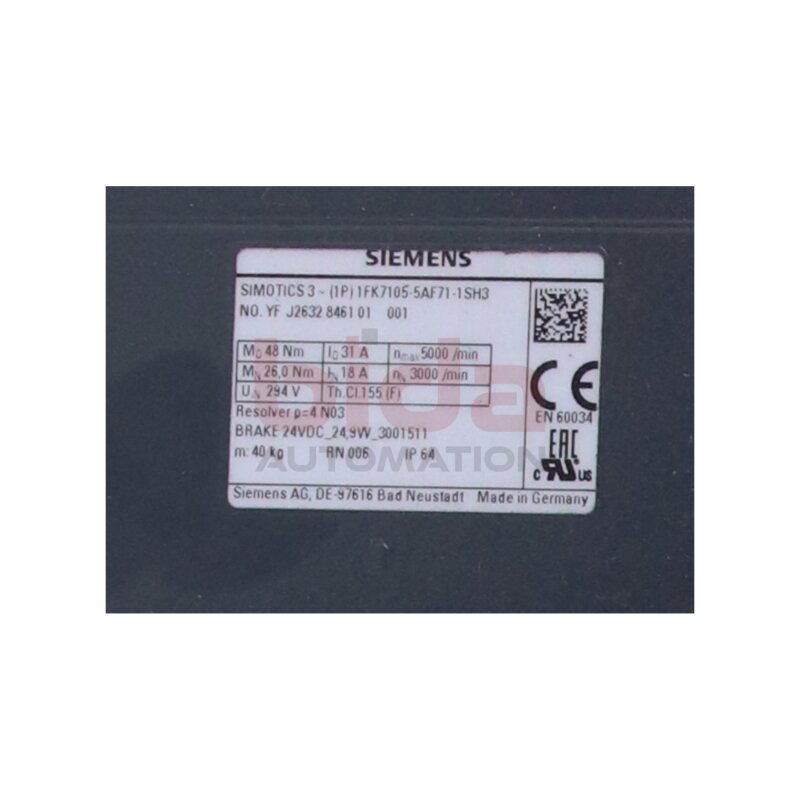 Siemens 1FK7105-5AF71-1SH3 / 1FK7 105-5AF71-1SH3 Synchronservomotor Servomotor Servo Motor