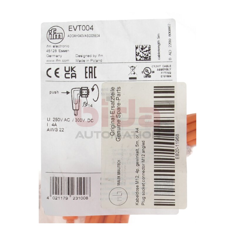 ifm electronic EVT004 (ADOAH040VAS0005E04) Anschlusskabel mit Buchse Cable M12