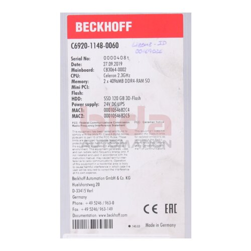 BECKHOFF C6920-1148-0060 Industrial PC Industrie-PC Schaltschrank-Industrie-PC