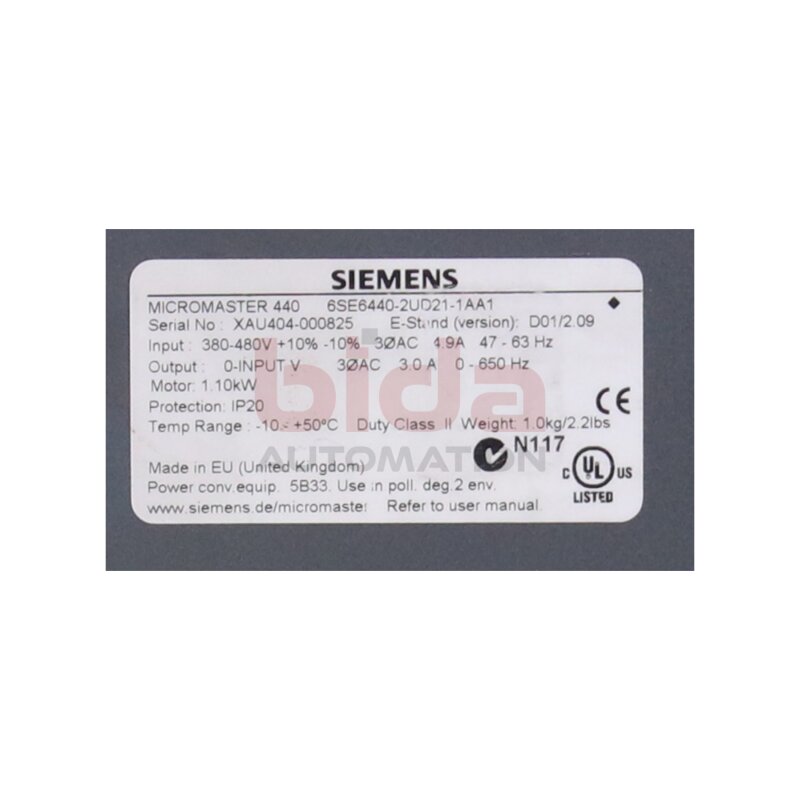 Siemens 6SE6440-2UD21-1AA1 (6SE6 440-2UD21-1AA1) MICROMASTER 440 Frequenzumrichter Frequency Converter