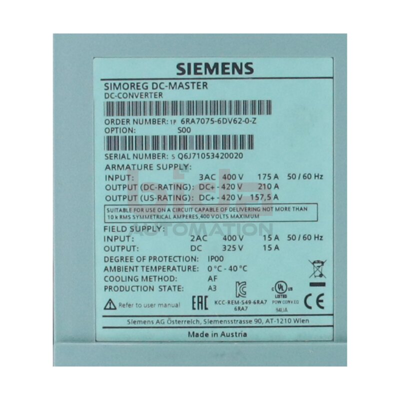 Siemens 6RA7075-6DV62-0-Z SIMOREG DC Master Stromrichterger&auml;t (6RA7 075-6DV62-0-Z) DC-Converter
