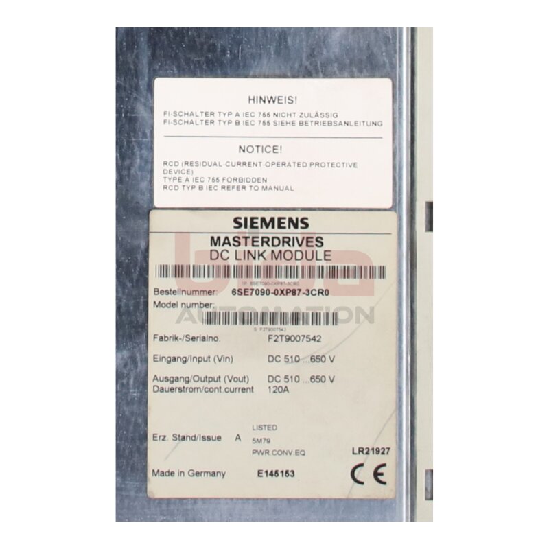Siemens 6SE7090-0XP87-3CR0 (6SE7 090-0XP87-3CR0) Simovert Masterdrives DC-Link Modul
