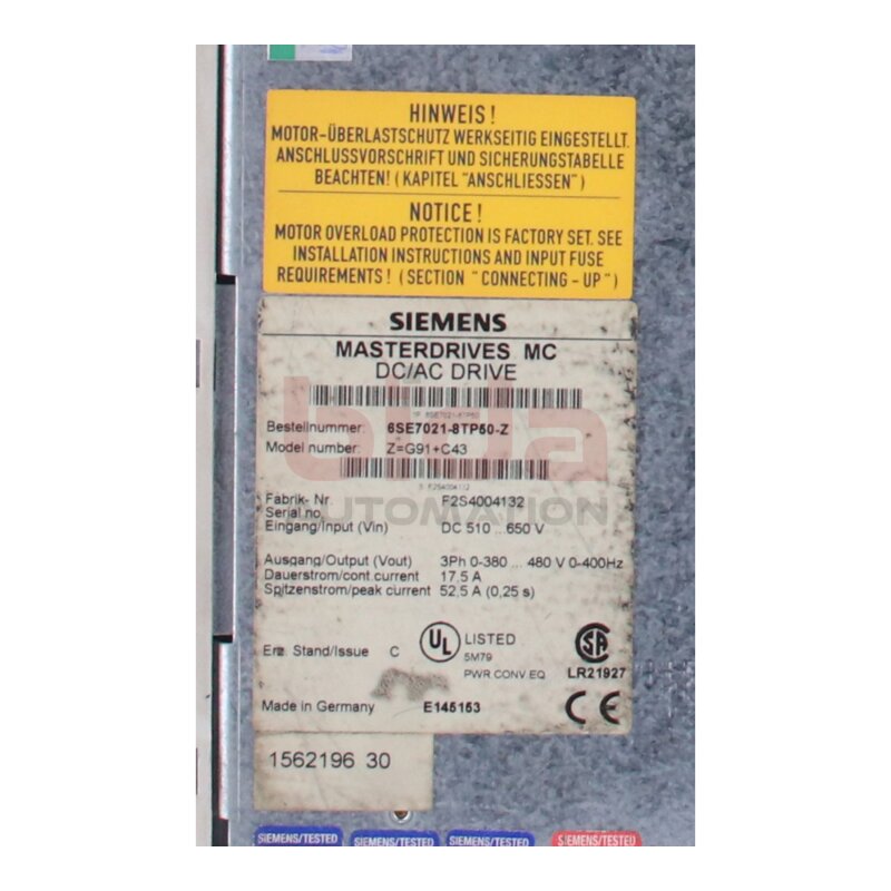 Siemens 6SE7021-8TP50-Z (6SE7 021-8TP50-Z) Masterdrives DC7AC Drive Z=G91-C43