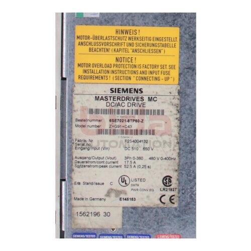Siemens 6SE7021-8TP50-Z (6SE7 021-8TP50-Z) Masterdrives DC7AC Drive Z=G91-C43