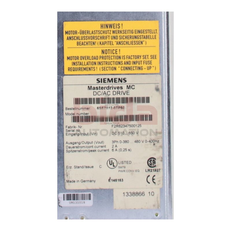 Siemens 6SE7012-0TP50 / 6SE7 012-0TP50 Wechselrichterger&auml;t Inverter SIMOVERT 510V-650V 2A 0,75kW