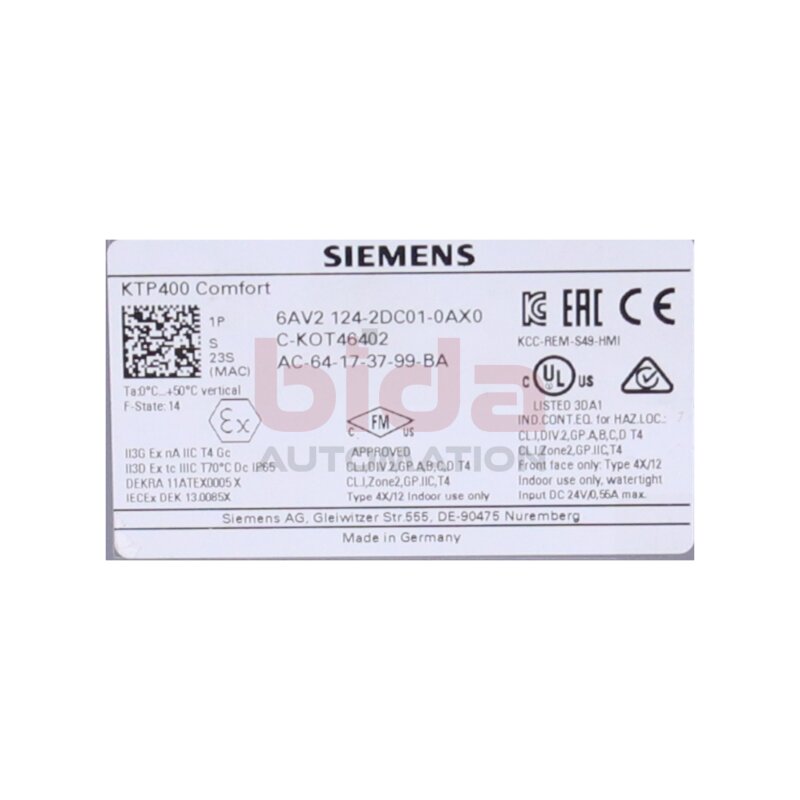 Siemens 6AV2124-2DC01-0AX0 SIMATIC HMI KTP400 Comfort Komfort-Panel Comfort Panel