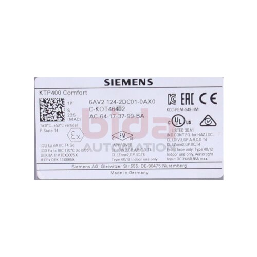 Siemens 6AV2124-2DC01-0AX0 SIMATIC HMI KTP400 Comfort Komfort-Panel Comfort Panel