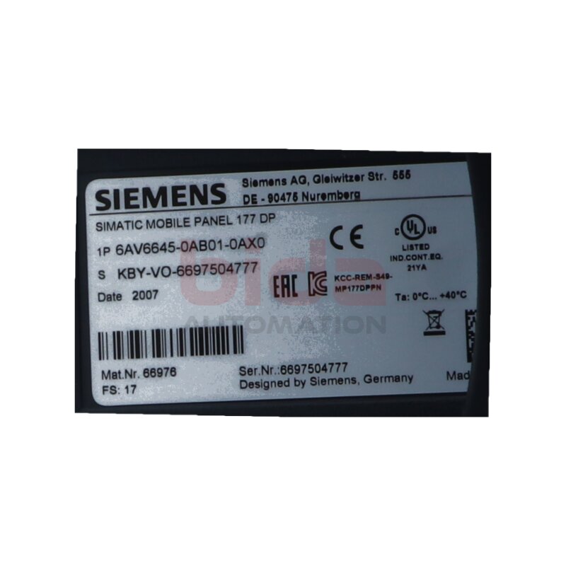 Siemens 6AV6645-0AB01-0AX0 (6AV6 645-0AB01-0AX0) SIMATIC Mobile Panel 177DP