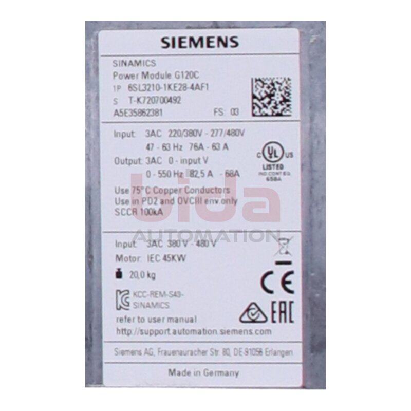 Siemens 6SL3210-1KE28-4AF1 SINAMICS G120C Frequenzumrichter Frequency converter