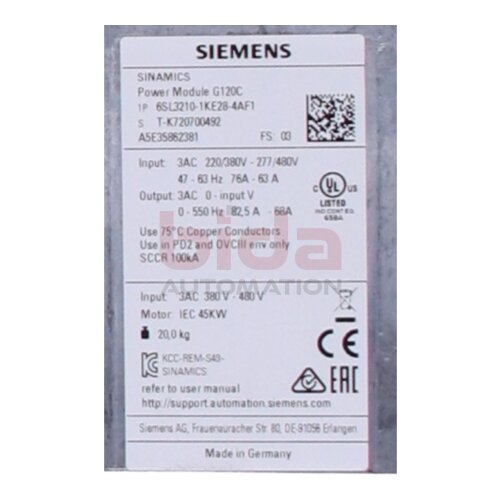 Siemens 6SL3210-1KE28-4AF1 SINAMICS G120C Frequenzumrichter Frequency converter