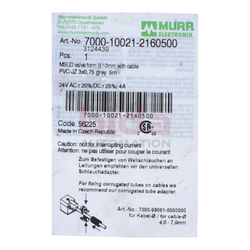 MURR ELEKTRONIK 7000-10021-2160500 MSUD Ventilst. B-10mm freies Ltg-ende 5m / 24 V AC / 4A