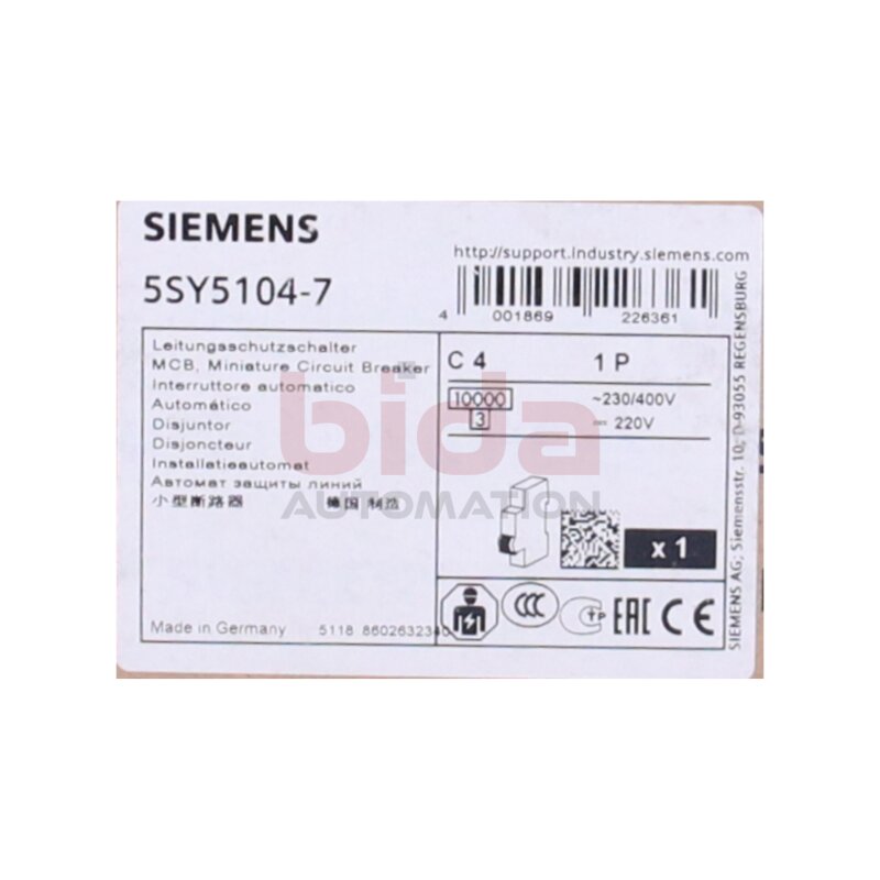 Siemens 5SY5104-7 / 5SY5 104-7 Leitungsschutzschalter Allstrom All-current circuit breaker