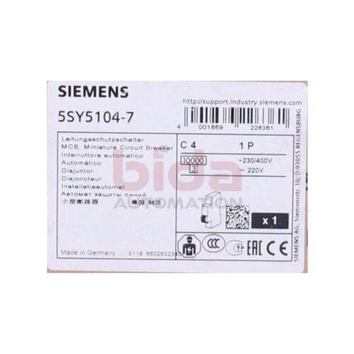 Siemens 5SY5104-7 / 5SY5 104-7 Leitungsschutzschalter Allstrom All-current circuit breaker