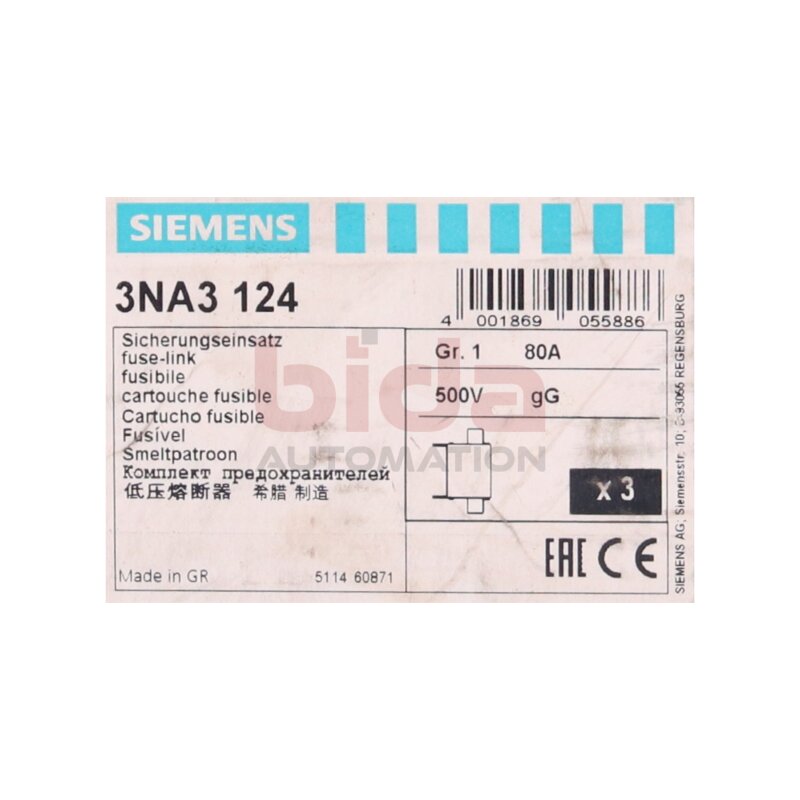 Siemens 3NA3124 / 3NA3 124 Sicherungseinsatz Fuse link