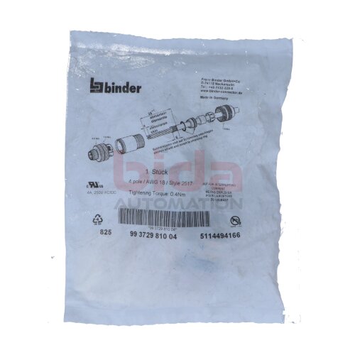 Binder 99 3729 810 04 M12 Kabelstecker Cable connector