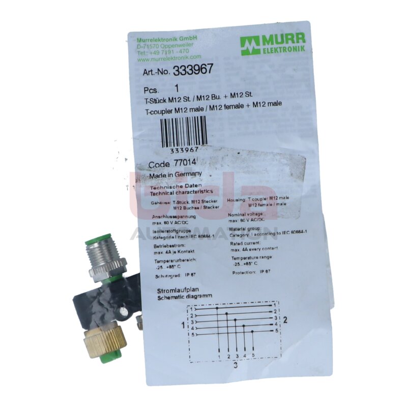 MURR ELEKTRONIK 333967 T-St&uuml;ck M12 St./M12 Bu. + M12 St. T-coupler M12 male/M12 female+M12 male