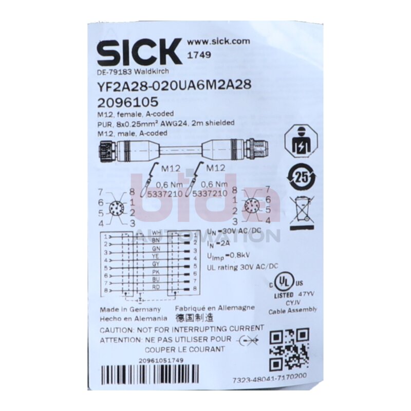 Sick YF2A28-020UA6M2A28 konfektioniertes Sensorkabel / Pre-assembled sensor cable