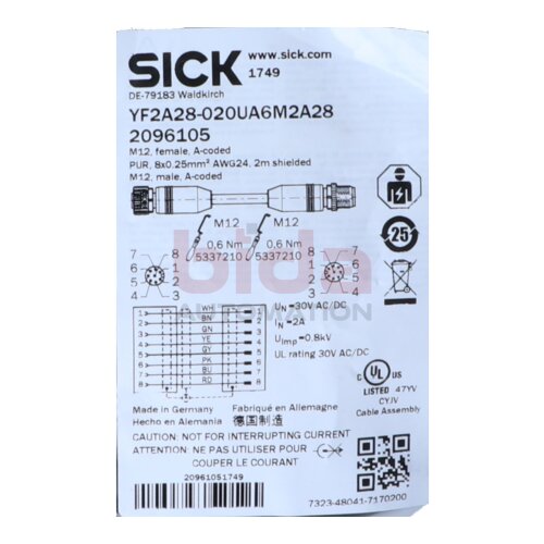Sick YF2A28-020UA6M2A28 konfektioniertes Sensorkabel / Pre-assembled sensor cable
