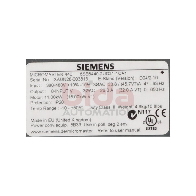 Siemens 6SE6440-2UD31-1CA1 / 6SE6 440-2UD31-1CA1 Frequenzumrichter / Frequency Converter  380-480V