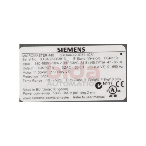 Siemens 6SE6440-2UD31-1CA1 / 6SE6 440-2UD31-1CA1 Frequenzumrichter / Frequency Converter  380-480V