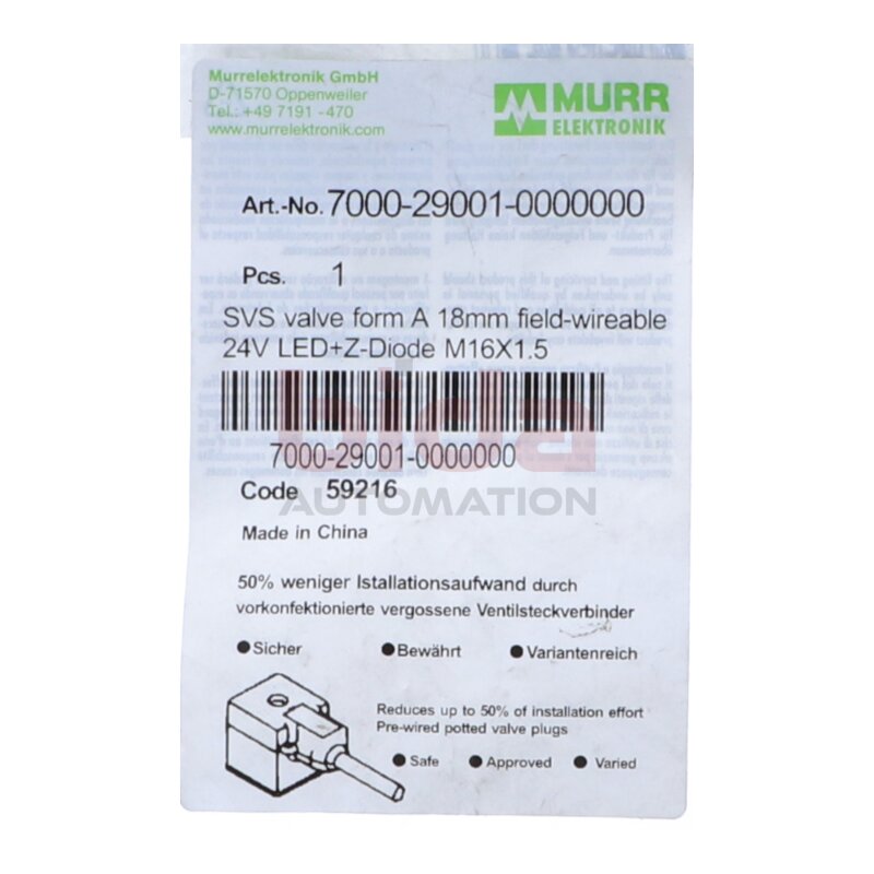 MURR ELEKTRONIK 7000-29001-000000 Ventilstecker / Valve plug