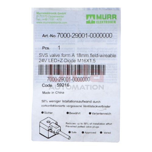 MURR ELEKTRONIK 7000-29001-000000 Ventilstecker / Valve plug