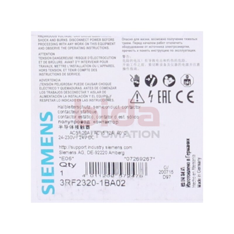 Siemens 3RF2320-1BA02 / 3RF2 320-1BA02  Halbleitersch&uuml;tz 1-phasig 3RF2 AC 15 / 12 A / 40 &deg;C 24-230 V / DC 24 V