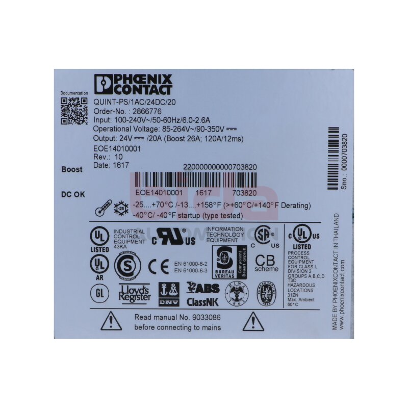 Phoenix Contact QUINT-PS/1AC/24DC/20 (2866776) Power Supply Stromversogrung