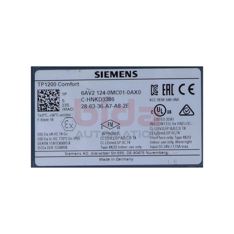 Siemens 6AV2124-0MC01-0AX0 (6AV2 124-0MC01-0AX0) SIMATIC HMI TP1200 Comfort Touch Panel
