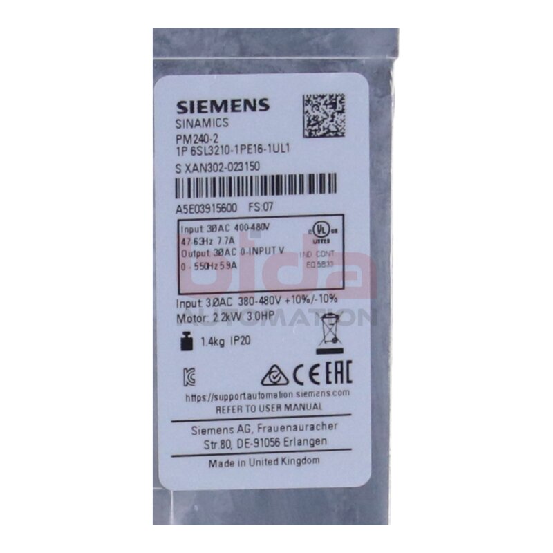 Siemens 6SL3210-1PE16-1UL1 (6SL3 210-1PE16-1UL1) Sinamics PM240-2 Power Module