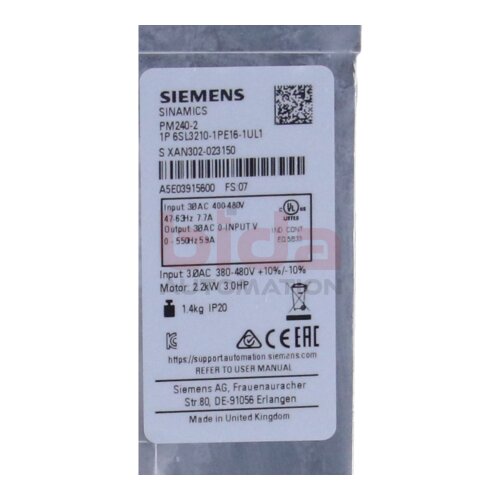Siemens 6SL3210-1PE16-1UL1 (6SL3 210-1PE16-1UL1) Sinamics PM240-2 Power Module