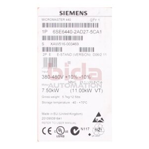 Siemens 6SE6440-2AD27-5CA1 MICROMASTER 440 eingebautem...