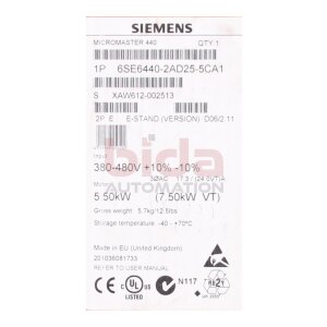 Siemens 6SE6440-2AD25-5CA1 MICROMASTER 440 eingebautem...