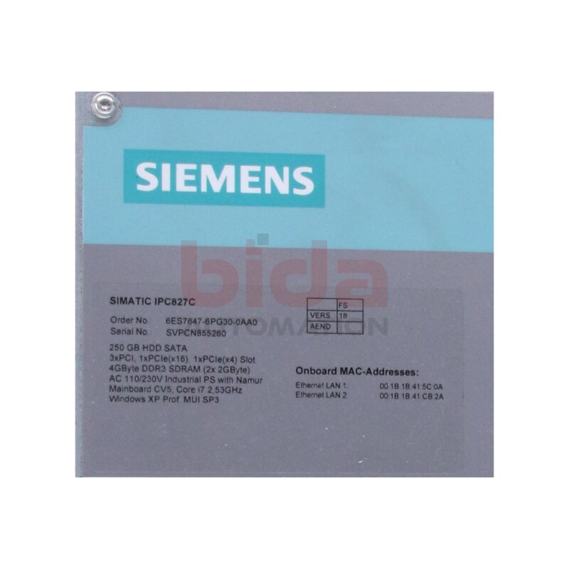 Siemens 6ES7647-6PG30-0AA0 / 6ES7 647-6PG30-0AA0 SIMATIC IPC827C (Box PC) 230GB
