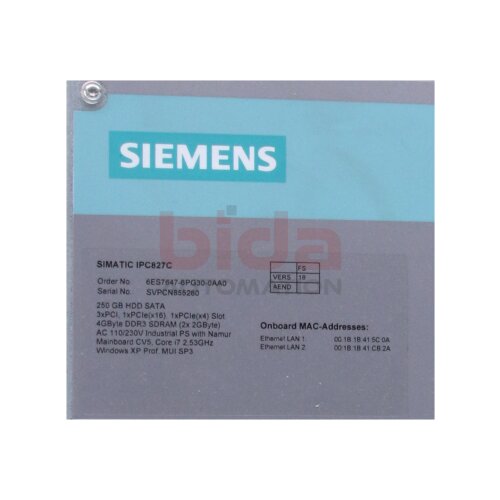 Siemens 6ES7647-6PG30-0AA0 / 6ES7 647-6PG30-0AA0 SIMATIC IPC827C (Box PC) 230GB