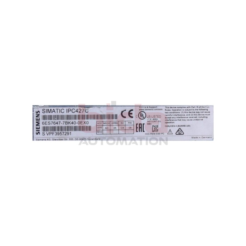 Siemens 6ES7647-7BK40-0EX0 / 6ES7 647-7BK40-0EX0 SIMATIC IPC427C (Microbox PC) Prozessor