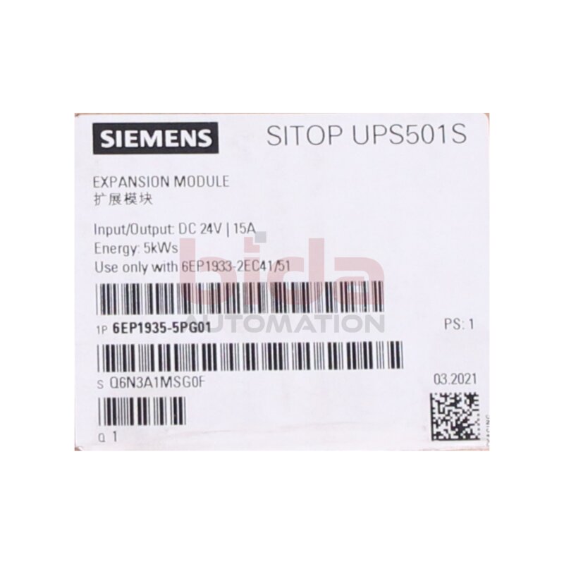 Siemens 6EP1935-5PG01 SITOP UPS501S Erweiterungsmodul 5 kWs fuer UPS500S Extension module