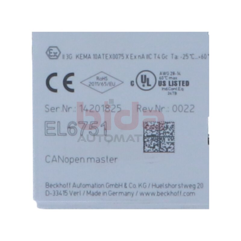BECKHOFF EL6751 EtherCAT-Klemme, 1-Kanal-Kommunikations-Interface, CANopen, Master/Slave EtherCAT Terminal, 1-channel communication interface