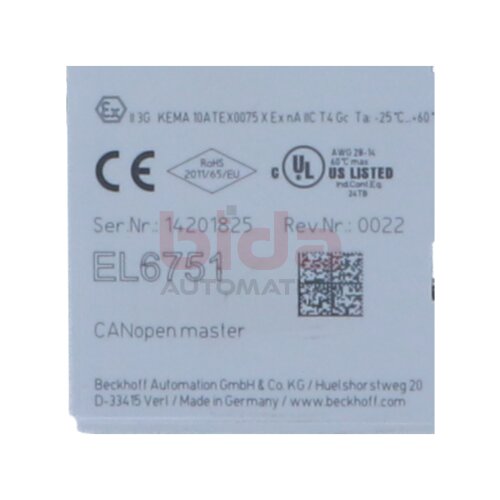 BECKHOFF EL6751 EtherCAT-Klemme, 1-Kanal-Kommunikations-Interface, CANopen, Master/Slave EtherCAT Terminal, 1-channel communication interface