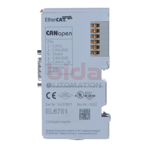 BECKHOFF EL6751 EtherCAT-Klemme, 1-Kanal-Kommunikations-Interface, CANopen, Master/Slave EtherCAT Terminal, 1-channel communication interface