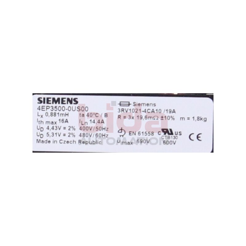 Siemens 4EP3500-0US00 / 4EP3500-0US00 Netzdrossel f. FU / Mains choke f. FU / V DC 480 / Hz 50/60