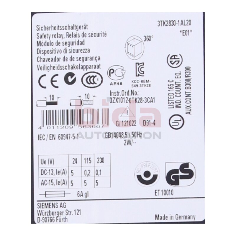 Siemens 3TK2830-1AL20 (3TK2 830-1AL20) Sicherheitsschaltger&auml;t Safety switching device