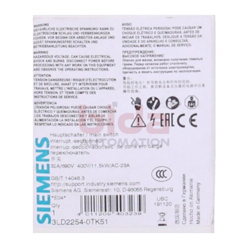 Siemens 3LD2254-0TK51 / 3LD2 254-0TK51 SENTRON, Lasttrennschalter 3LD, Hauptschalter / Switch-disconnector 3LD, main switch, 3-pole, Iu: 32 A
