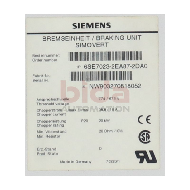 Siemens 6SE7023-2EA87-2DA0 Bremseinheit Brake Unit 774 / 673 V 38,8 / 16A