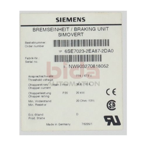 Siemens 6SE7023-2EA87-2DA0 Bremseinheit Brake Unit 774 / 673 V 38,8 / 16A