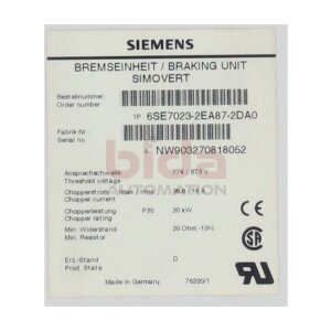 Siemens 6SE7023-2EA87-2DA0 Bremseinheit Brake Unit 774 /...