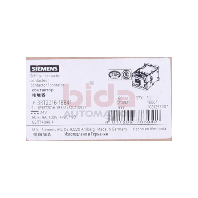 Siemens 3RT2016-1BB41 / 3RT2 016-1BB41 Leistungssch&uuml;tz / power contactor 24 V