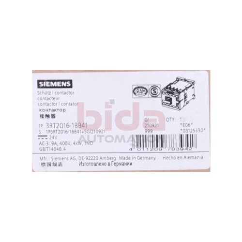 Siemens 3RT2016-1BB41 / 3RT2 016-1BB41 Leistungssch&uuml;tz / power contactor 24 V